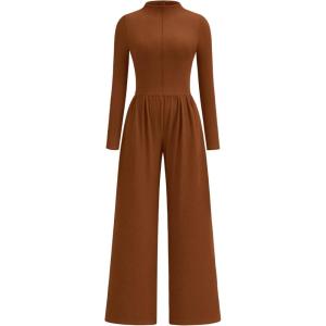 PRETTYGARDEN Long Sleeve Jumpsuit for Women 2025 Fall Date Night Rompers Dressy Casual One Piece Mock Neck Jumpsuits Pockets(Brown)