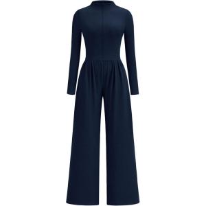PRETTYGARDEN Long Sleeve Jumpsuit for Women 2025 Fall Date Night Rompers Dressy Casual One Piece Mock Neck Jumpsuits Pockets(Navy Blue)