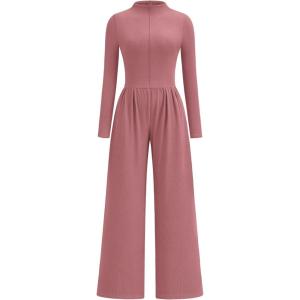 PRETTYGARDEN Long Sleeve Jumpsuit for Women 2025 Fall Date Night Rompers Dressy Casual One Piece Mock Neck Jumpsuits Pockets(Pink)