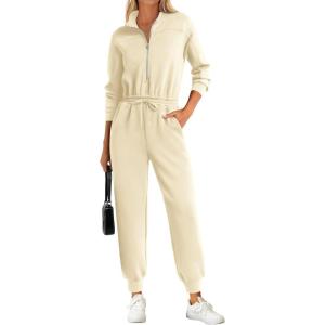 PRETTYGARDEN Long Sleeve Jumpsuits for Women Casual 2026 Fall Fashion Zip Up Pant Rompers One Piece Sweatsuits Travel Outfits(Apricot)