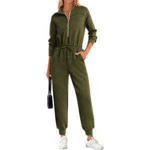 PRETTYGARDEN Long Sleeve Jumpsuits for Women Casual 2026 Fall Fashion Zip Up Pant Rompers One Piece Sweatsuits Travel Outfits(Army Green)