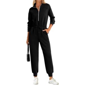 PRETTYGARDEN Long Sleeve Jumpsuits for Women Casual 2026 Fall Fashion Zip Up Pant Rompers One Piece Sweatsuits Travel Outfits(Black)