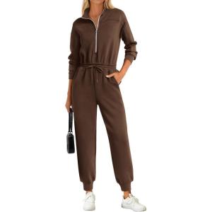 PRETTYGARDEN Long Sleeve Jumpsuits for Women Casual 2026 Fall Fashion Zip Up Pant Rompers One Piece Sweatsuits Travel Outfits(Brown)