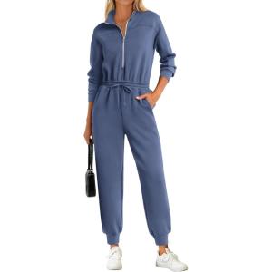 PRETTYGARDEN Long Sleeve Jumpsuits for Women Casual 2026 Fall Fashion Zip Up Pant Rompers One Piece Sweatsuits Travel Outfits(Dusty Blue)