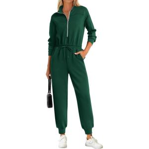 PRETTYGARDEN Long Sleeve Jumpsuits for Women Casual 2026 Fall Fashion Zip Up Pant Rompers One Piece Sweatsuits Travel Outfits(Green)