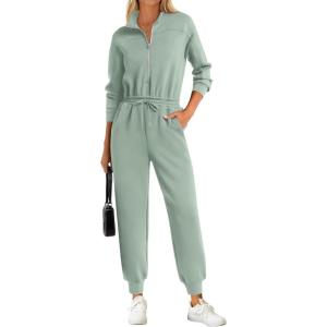PRETTYGARDEN Long Sleeve Jumpsuits for Women Casual 2026 Fall Fashion Zip Up Pant Rompers One Piece Sweatsuits Travel Outfits(Light Green)
