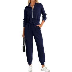 PRETTYGARDEN Long Sleeve Jumpsuits for Women Casual 2026 Fall Fashion Zip Up Pant Rompers One Piece Sweatsuits Travel Outfits(Navy Blue)