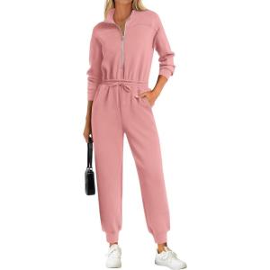 PRETTYGARDEN Long Sleeve Jumpsuits for Women Casual 2026 Fall Fashion Zip Up Pant Rompers One Piece Sweatsuits Travel Outfits(Pink)
