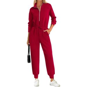 PRETTYGARDEN Long Sleeve Jumpsuits for Women Casual 2026 Fall Fashion Zip Up Pant Rompers One Piece Sweatsuits Travel Outfits(Red)