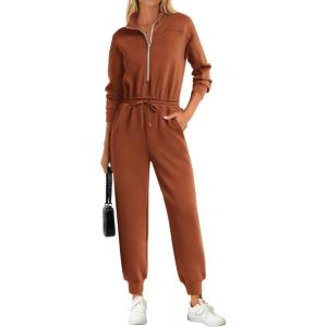 PRETTYGARDEN Long Sleeve Jumpsuits for Women Casual 2026 Fall Fashion Zip Up Pant Rompers One Piece Sweatsuits Travel Outfits(Red Brown)
