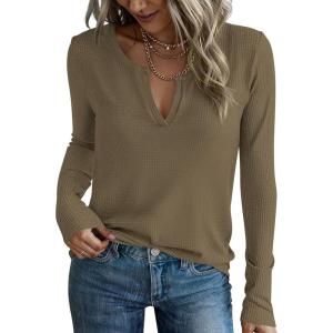 PRETTYGARDEN Long Sleeve Shirts for Women 2025 Fall V Neck Waffle Basic Tee Dressy Casual Winter Blouses Knit Tunic Tops(Army Green)