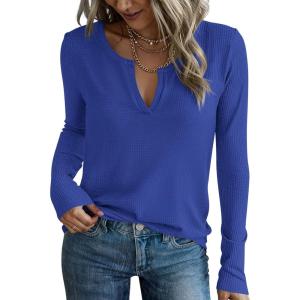 PRETTYGARDEN Long Sleeve Shirts for Women 2025 Fall V Neck Waffle Basic Tee Dressy Casual Winter Blouses Knit Tunic Tops(Blue)