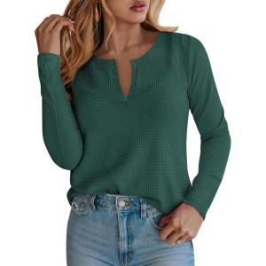 PRETTYGARDEN Long Sleeve Shirts for Women 2025 Fall V Neck Waffle Basic Tee Dressy Casual Winter Blouses Knit Tunic Tops(Green)