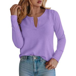 PRETTYGARDEN Long Sleeve Shirts for Women 2025 Fall V Neck Waffle Basic Tee Dressy Casual Winter Blouses Knit Tunic Tops(Purple)