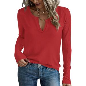PRETTYGARDEN Long Sleeve Shirts for Women 2025 Fall V Neck Waffle Basic Tee Dressy Casual Winter Blouses Knit Tunic Tops(Red)