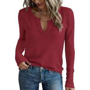 PRETTYGARDEN Long Sleeve Shirts for Women 2025 Fall V Neck Waffle Basic Tee Dressy Casual Winter Blouses Knit Tunic Tops(Wine Red)