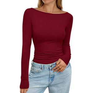 PRETTYGARDEN Long Sleeve Shirts for Women 2026 Fall Boat Neck Ribbed Knit Ruched Spring Going Out Tops Casual Basic Tees(Burgundy)