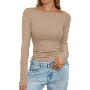 PRETTYGARDEN Long Sleeve Shirts for Women 2026 Fall Boat Neck Ribbed Knit Ruched Spring Going Out Tops Casual Basic Tees(Light Khaki)