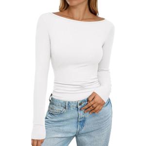 PRETTYGARDEN Long Sleeve Shirts for Women 2026 Fall Boat Neck Ribbed Knit Ruched Spring Going Out Tops Casual Basic Tees(White)