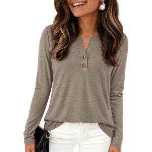 PRETTYGARDEN Long Sleeve Shirts for Women 2026 Spring Fashion Clothing Henley Tops Trendy Dressy Casual Blouses Work Outfits(Khaki)