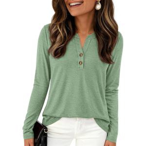 PRETTYGARDEN Long Sleeve Shirts for Women 2026 Spring Fashion Clothing Henley Tops Trendy Dressy Casual Blouses Work Outfits(Light Green)