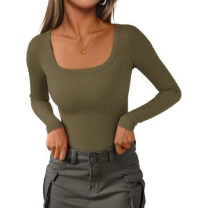 PRETTYGARDEN Long Sleeve Shirts for Women Fall Clothes 2025 Ribbed Basic Tees Scoop Neck Going Out Tops Fashion Clothing(Army Green)