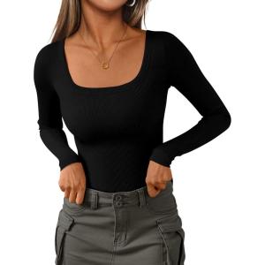 PRETTYGARDEN Long Sleeve Shirts for Women Fall Clothes 2025 Ribbed Basic Tees Scoop Neck Going Out Tops Fashion Clothing(Black)