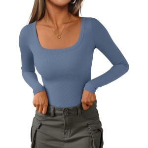 PRETTYGARDEN Long Sleeve Shirts for Women Fall Clothes 2025 Ribbed Basic Tees Scoop Neck Going Out Tops Fashion Clothing(Blue Grey)