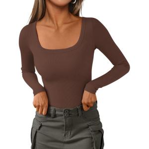 PRETTYGARDEN Long Sleeve Shirts for Women Fall Clothes 2025 Ribbed Basic Tees Scoop Neck Going Out Tops Fashion Clothing(Brown)