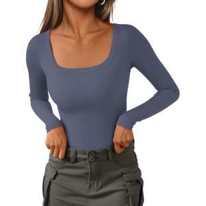 PRETTYGARDEN Long Sleeve Shirts for Women Fall Clothes 2025 Ribbed Basic Tees Scoop Neck Going Out Tops Fashion Clothing(Dark Dusty Blue)