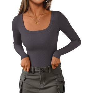 PRETTYGARDEN Long Sleeve Shirts for Women Fall Clothes 2025 Ribbed Basic Tees Scoop Neck Going Out Tops Fashion Clothing(Dark Grey)