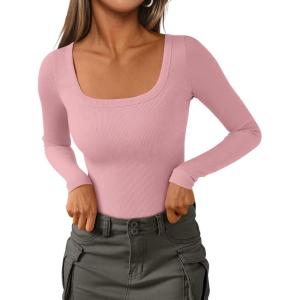 PRETTYGARDEN Long Sleeve Shirts for Women Fall Clothes 2025 Ribbed Basic Tees Scoop Neck Going Out Tops Fashion Clothing(Pink)