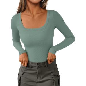 PRETTYGARDEN Long Sleeve Shirts for Women Fall Clothes 2025 Ribbed Basic Tees Scoop Neck Going Out Tops Fashion Clothing(Sage Green)