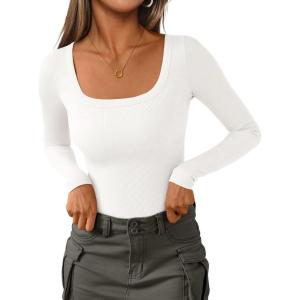PRETTYGARDEN Long Sleeve Shirts for Women Fall Clothes 2025 Ribbed Basic Tees Scoop Neck Going Out Tops Fashion Clothing(White)