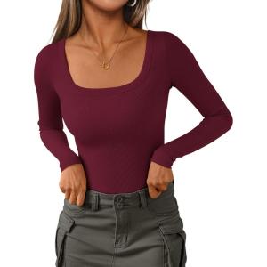 PRETTYGARDEN Long Sleeve Shirts for Women Fall Clothes 2025 Ribbed Basic Tees Scoop Neck Going Out Tops Fashion Clothing(Wine Red)