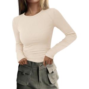 PRETTYGARDEN Long Sleeve Shirts for Women Fall Going Out Tops Casual Ribbed Knit Slim Fitted Basic Tees Y2K Spring Clothes(Beige)