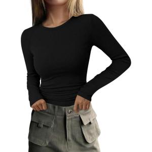 PRETTYGARDEN Long Sleeve Shirts for Women Fall Going Out Tops Casual Ribbed Knit Slim Fitted Basic Tees Y2K Spring Clothes(Black)