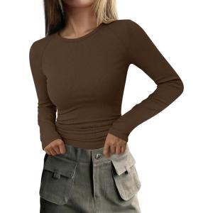 PRETTYGARDEN Long Sleeve Shirts for Women Fall Going Out Tops Casual Ribbed Knit Slim Fitted Basic Tees Y2K Spring Clothes(Brown)