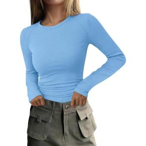 PRETTYGARDEN Long Sleeve Shirts for Women Fall Going Out Tops Casual Ribbed Knit Slim Fitted Basic Tees Y2K Spring Clothes(Light Blue)