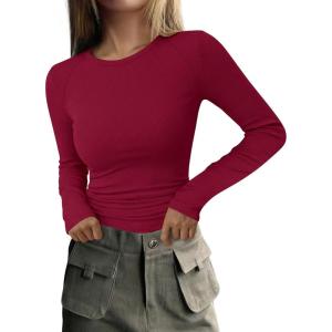 PRETTYGARDEN Long Sleeve Shirts for Women Fall Going Out Tops Casual Ribbed Knit Slim Fitted Basic Tees Y2K Spring Clothes(Red)