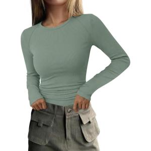 PRETTYGARDEN Long Sleeve Shirts for Women Fall Going Out Tops Casual Ribbed Knit Slim Fitted Basic Tees Y2K Spring Clothes(Sage Green)