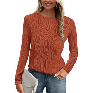 PRETTYGARDEN Long Sleeve Tops for Women 2025 Spring Fall Trendy Business Dressy Casual Shirts Crewneck Textured Blouse(Brick Red)