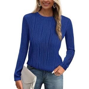 PRETTYGARDEN Long Sleeve Tops for Women 2025 Spring Fall Trendy Business Dressy Casual Shirts Crewneck Textured Blouse(Brilliant Blue)