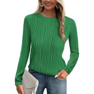 PRETTYGARDEN Long Sleeve Tops for Women 2025 Spring Fall Trendy Business Dressy Casual Shirts Crewneck Textured Blouse(Brilliant Green)