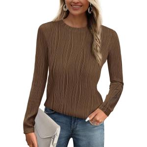 PRETTYGARDEN Long Sleeve Tops for Women 2025 Spring Fall Trendy Business Dressy Casual Shirts Crewneck Textured Blouse(Coffee)