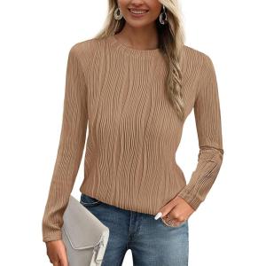 PRETTYGARDEN Long Sleeve Tops for Women 2025 Spring Fall Trendy Business Dressy Casual Shirts Crewneck Textured Blouse(Khaki)