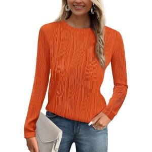 PRETTYGARDEN Long Sleeve Tops for Women 2025 Spring Fall Trendy Business Dressy Casual Shirts Crewneck Textured Blouse(Orange)