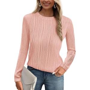 PRETTYGARDEN Long Sleeve Tops for Women 2025 Spring Fall Trendy Business Dressy Casual Shirts Crewneck Textured Blouse(Pink)