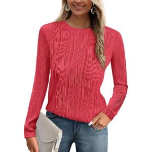 PRETTYGARDEN Long Sleeve Tops for Women 2025 Spring Fall Trendy Business Dressy Casual Shirts Crewneck Textured Blouse(Red)