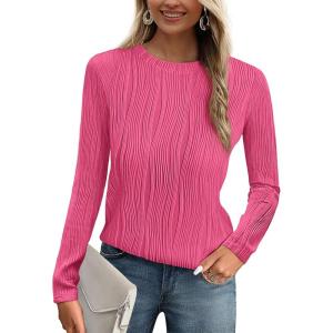 PRETTYGARDEN Long Sleeve Tops for Women 2025 Spring Fall Trendy Business Dressy Casual Shirts Crewneck Textured Blouse(Rose Red)